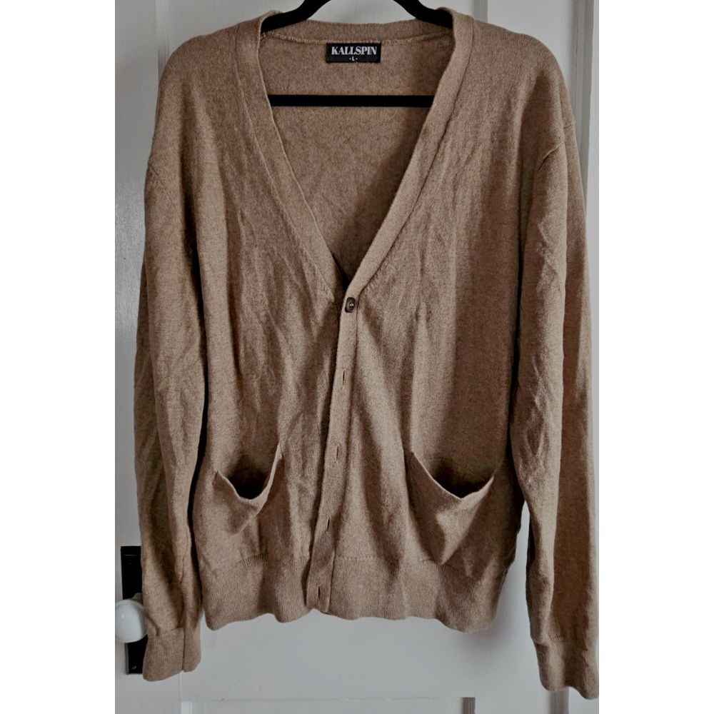 Kallspin Men Sz L Cardigan sweater cashmere wool blend button up w/pockets beige